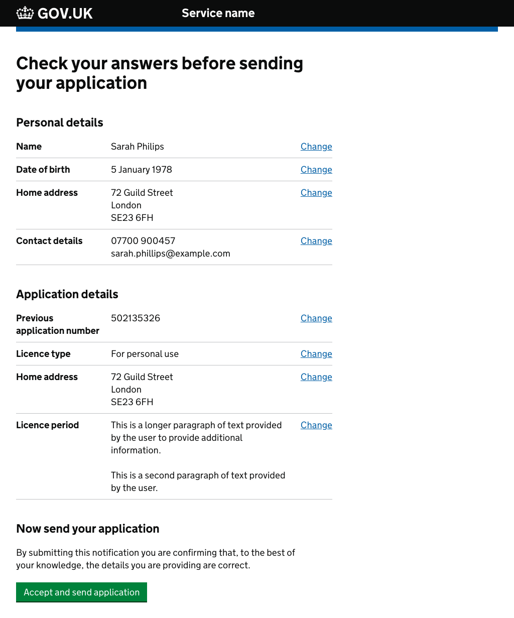 Screenshot of a check answers page, includes a heading, and two sections for personal details and application details. Each section has details on the answers a user has given with a corresponding link to change their answer. At the bottom of the page there is a button to ‘accept and send’ the application.